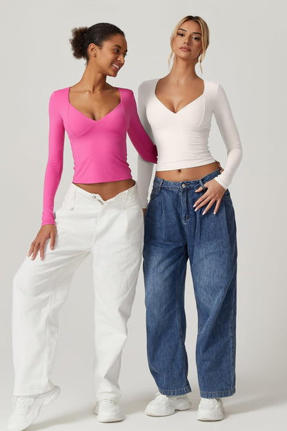 QINSEN Women's Long Sleeve V Neck T Shirts Double Lined Crop Top Seamed Cup Going Out Tops