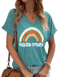 TIXOM Womens Summer V Neck Shirt Funny Letter Printed Graphic Short Sleeve Tee Casual Loose Fit Holiday Tops