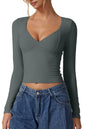 QINSEN Women's Long Sleeve V Neck T Shirts Double Lined Crop Top Seamed Cup Going Out Tops