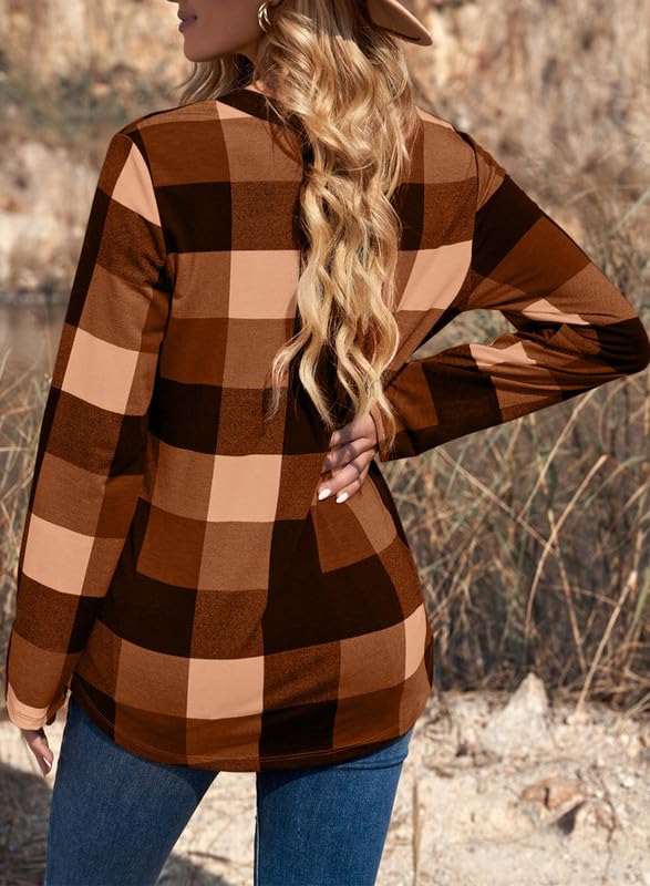 Dokotoo Womens Basic Casual V Neck Plaid Print Cotton Cuffed Long Sleeve Work Tops Blouses Shirts S-3XL
