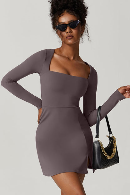 QINSEN Womens Square Neck Bodice Dress Long Sleeve Side Slit Flare Mini Dresses