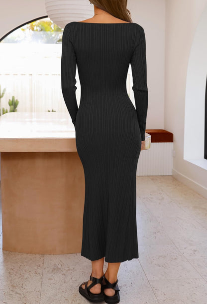 MEROKEETY Women's 2024 Long Sleeve Bodycon Sweater Dress Fall Crew Neck Ribbed Knit Maxi Dresses