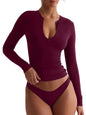 REORIA Double Lined Quarter Zip Sexy V Neck Long Sleeve Cropped Top Going Out Tops for Womens Fall Fashion 2024