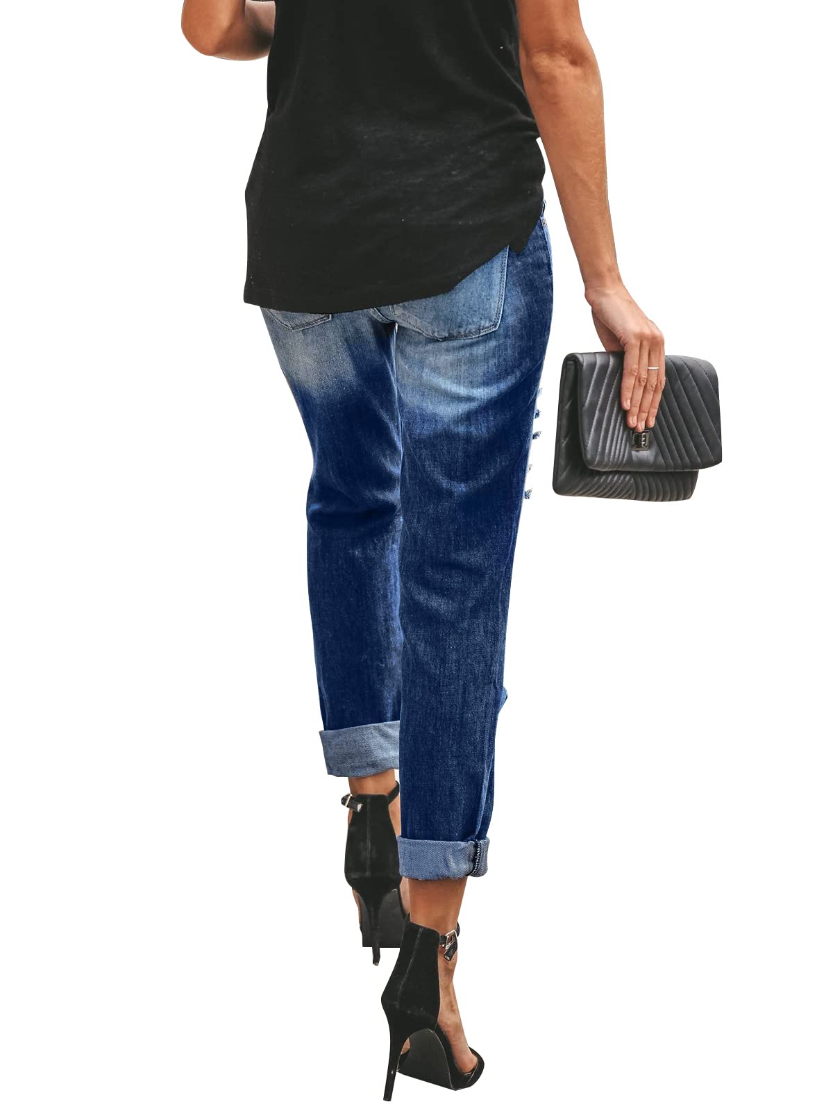 KUNMI Women's Ripped Mid Waisted Boyfriend Jeans Loose Fit Distressed Stretchy Denim Pants