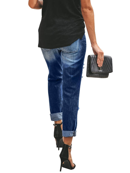 KUNMI Women's Ripped Mid Waisted Boyfriend Jeans Loose Fit Distressed Stretchy Denim Pants