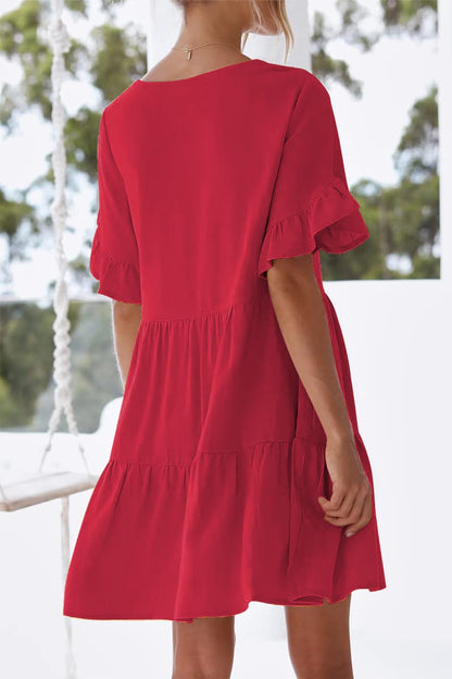 nclook Women's Summer Casual Dress Sweet & Cute V-Neck Mini Dress with Pocket Short Sleevele Ruffle Dress