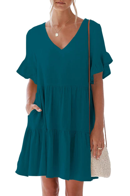 nclook Women's Summer Casual Dress Sweet & Cute V-Neck Mini Dress with Pocket Short Sleevele Ruffle Dress