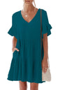 nclook Women's Summer Casual Dress Sweet & Cute V-Neck Mini Dress with Pocket Short Sleevele Ruffle Dress