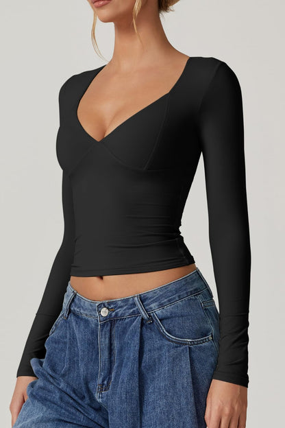 QINSEN Women's Long Sleeve V Neck T Shirts Double Lined Crop Top Seamed Cup Going Out Tops