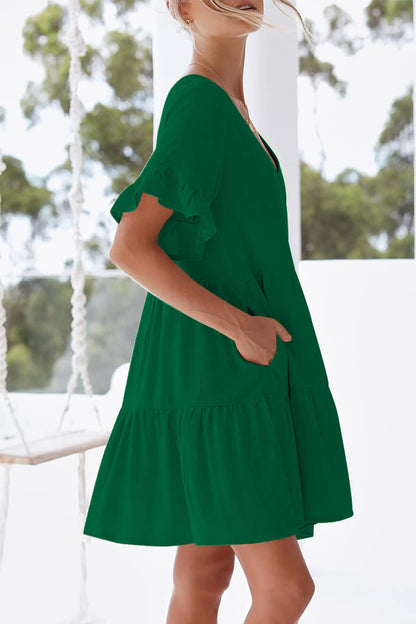 nclook Women's Summer Casual Dress Sweet & Cute V-Neck Mini Dress with Pocket Short Sleevele Ruffle Dress