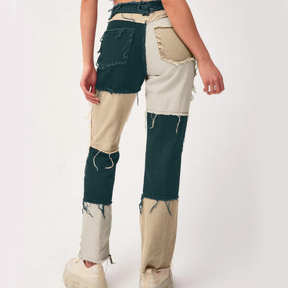 Women's Patchwork Pants Hight Waist Distressed Straight Denim Jeans Wide Leg High Waisted Baggy Drawstring Sweat