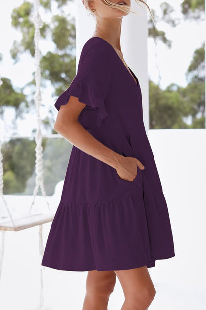 nclook Women's Summer Casual Dress Sweet & Cute V-Neck Mini Dress with Pocket Short Sleevele Ruffle Dress