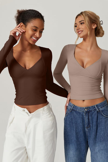 QINSEN Women's Long Sleeve V Neck T Shirts Double Lined Crop Top Seamed Cup Going Out Tops