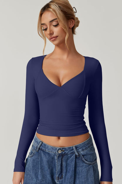 QINSEN Women's Long Sleeve V Neck T Shirts Double Lined Crop Top Seamed Cup Going Out Tops