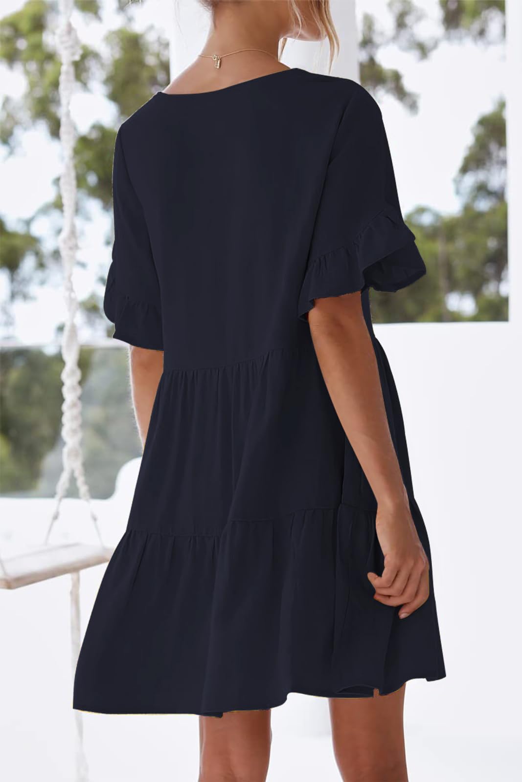 nclook Women's Summer Casual Dress Sweet & Cute V-Neck Mini Dress with Pocket Short Sleevele Ruffle Dress