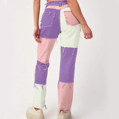 Women's Patchwork Pants Hight Waist Distressed Straight Denim Jeans Wide Leg High Waisted Baggy Drawstring Sweat