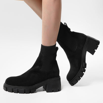 Ankle Boots for Women Faux Suede Chelsea Fashion Boots Elastic Thick Heel Chunky Block Lug Sole Platform Slip-on Booties