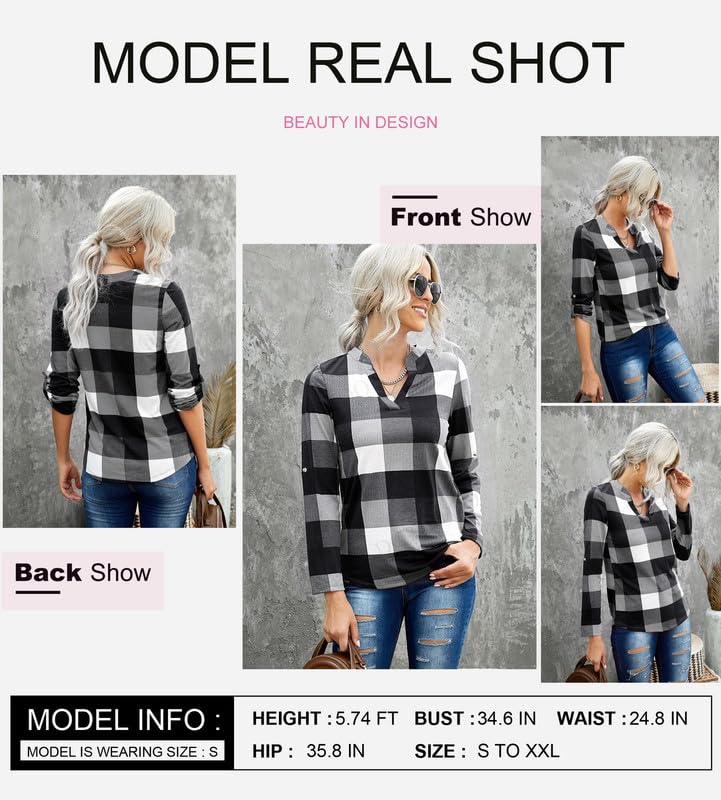 Dokotoo Womens Basic Casual V Neck Plaid Print Cotton Cuffed Long Sleeve Work Tops Blouses Shirts S-3XL