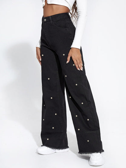 Women's Patchwork Pearl Embellished Jeans High Waisted Solid Color Casual Straight Leg Baggy Denim Pants