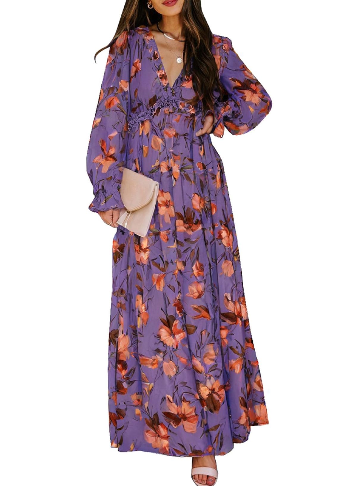 BLENCOT Womens Casual Boho Deep V Neck Short Sleeve Long Dress