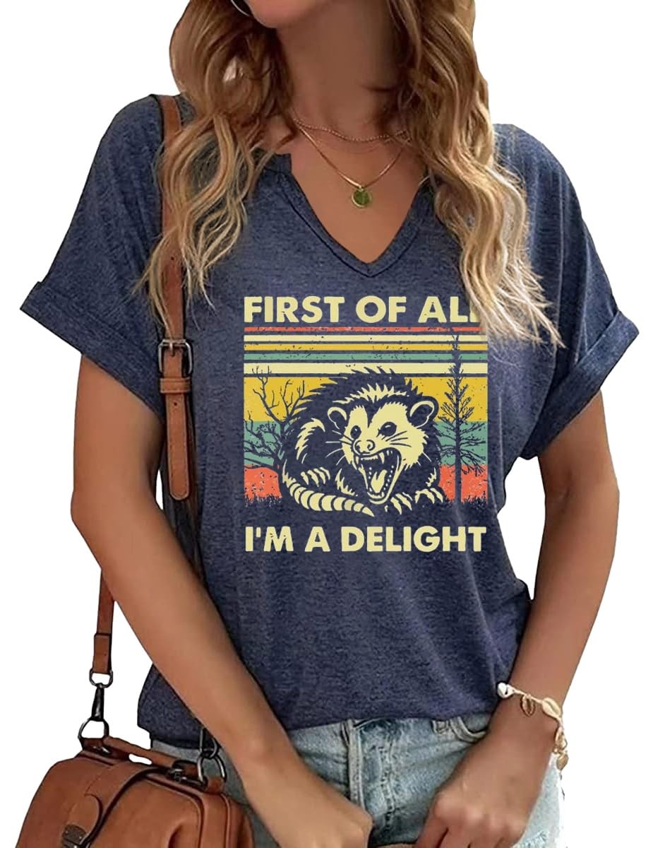 TIXOM Womens Summer V Neck Shirt Funny Letter Printed Graphic Short Sleeve Tee Casual Loose Fit Holiday Tops