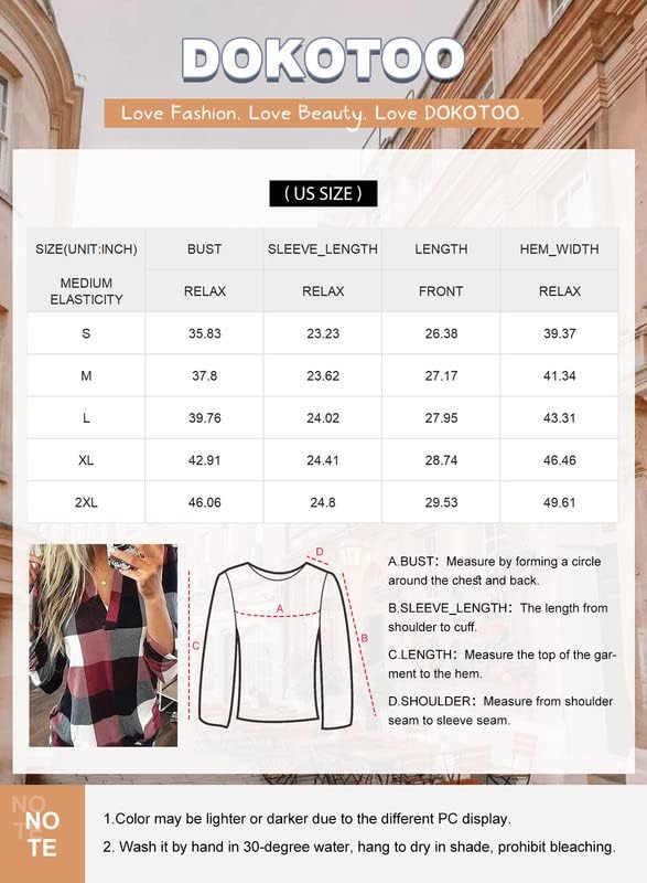 Dokotoo Womens Basic Casual V Neck Plaid Print Cotton Cuffed Long Sleeve Work Tops Blouses Shirts S-3XL
