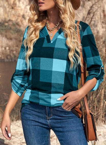 Dokotoo Womens Basic Casual V Neck Plaid Print Cotton Cuffed Long Sleeve Work Tops Blouses Shirts S-3XL