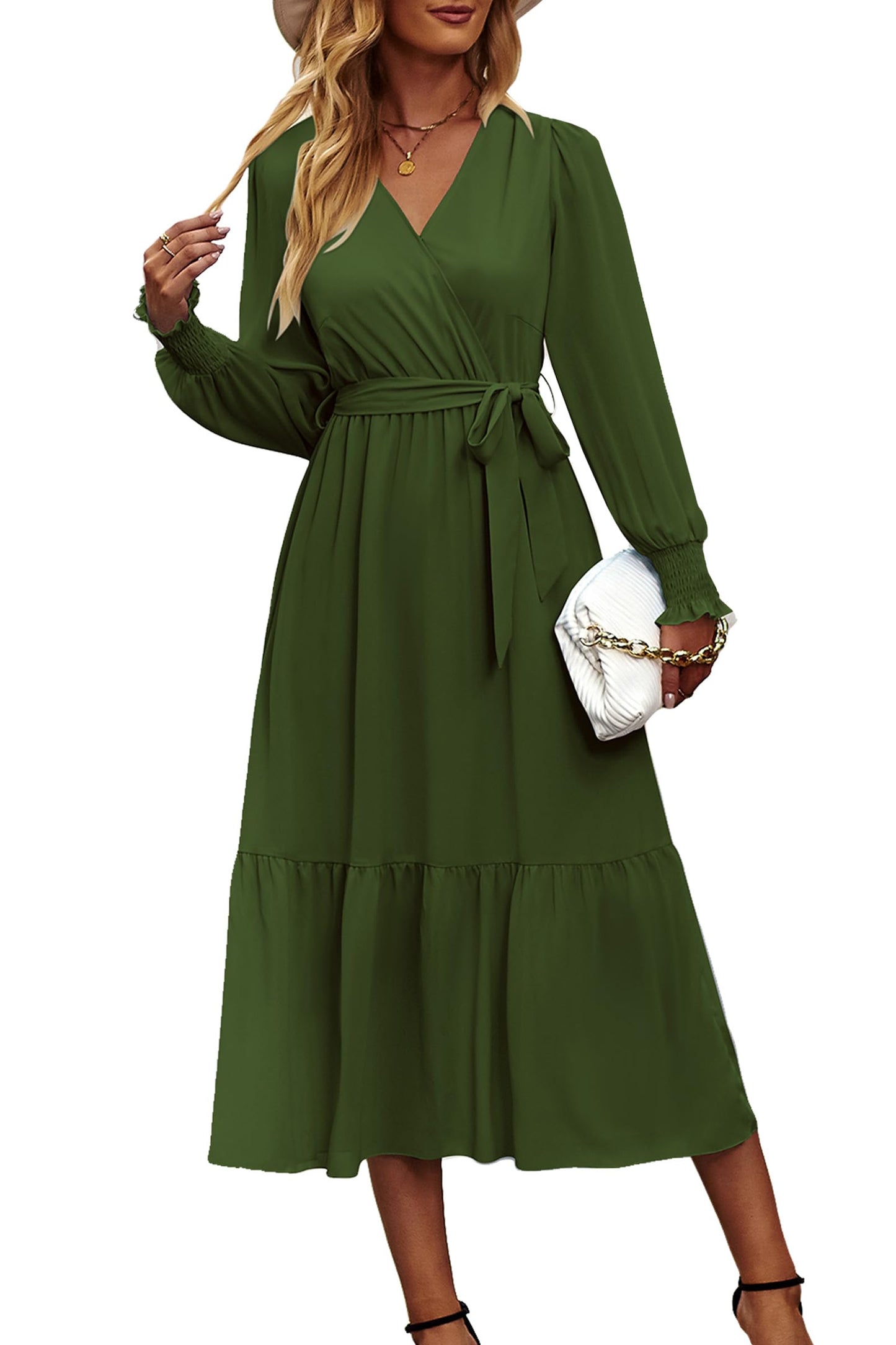 PRETTYGARDEN Women's Floral Print Boho Dress Long Sleeve Wrap V Neck Ruffle Belted A-Line Flowy Maxi Dresses