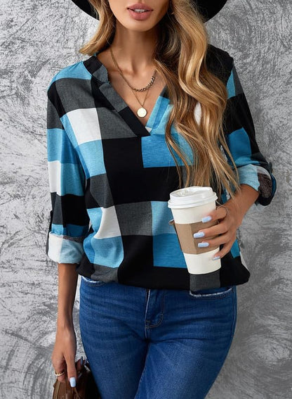 Dokotoo Womens Basic Casual V Neck Plaid Print Cotton Cuffed Long Sleeve Work Tops Blouses Shirts S-3XL