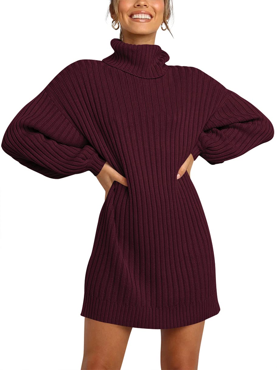 ANRABESS Women Oversized Sweater Dress Turtleneck Batwing Long Sleeve Ribbed Knit Loose 2024 Fall Winter Casual Short Dress