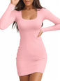 Valiamcep Women's Dress Square Neck Long Sleeve Ribbed Knit Slim Fitted Basic Bodycon Mini Pencil Dresses