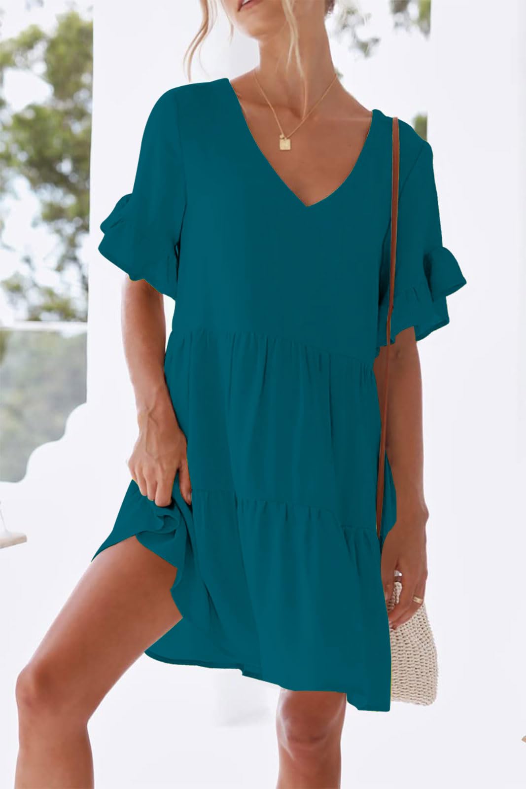 nclook Women's Summer Casual Dress Sweet & Cute V-Neck Mini Dress with Pocket Short Sleevele Ruffle Dress