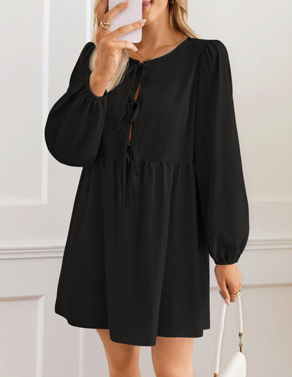 ZESICA Women's Dress Fall Long Puff Sleeve Self Tie Front Babydoll A Line Pleated Cute Mini Tunic Dresses 2025