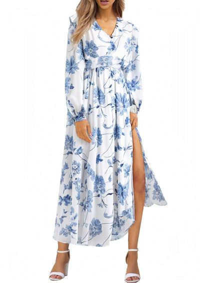 BLENCOT Womens Casual Boho Deep V Neck Short Sleeve Long Dress