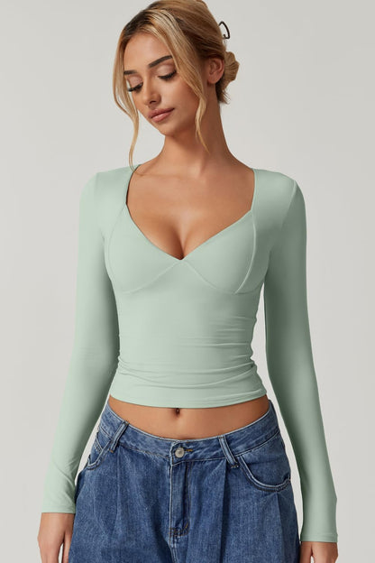 QINSEN Women's Long Sleeve V Neck T Shirts Double Lined Crop Top Seamed Cup Going Out Tops