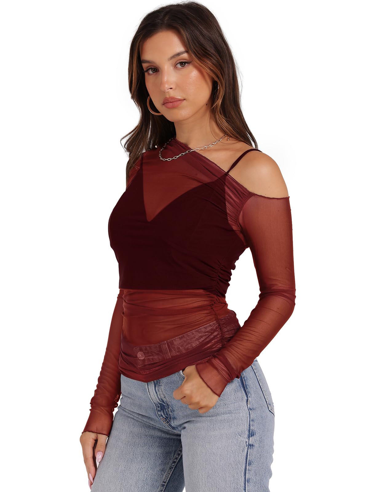 WIHOLL Womens Mesh Sheer Tops Sexy Crew Neck Summer Loose FIt Party Clubwear Shirts