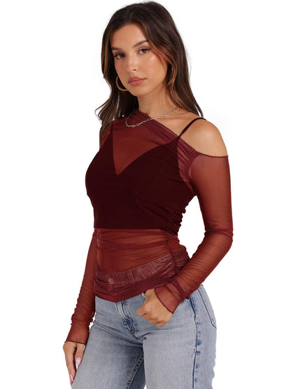 WIHOLL Womens Mesh Sheer Tops Sexy Crew Neck Summer Loose FIt Party Clubwear Shirts