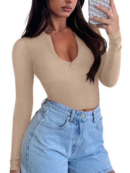 REORIA Double Lined Quarter Zip Sexy V Neck Long Sleeve Cropped Top Going Out Tops for Womens Fall Fashion 2024