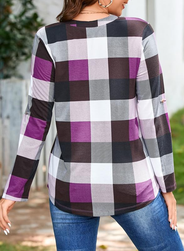 Dokotoo Womens Basic Casual V Neck Plaid Print Cotton Cuffed Long Sleeve Work Tops Blouses Shirts S-3XL