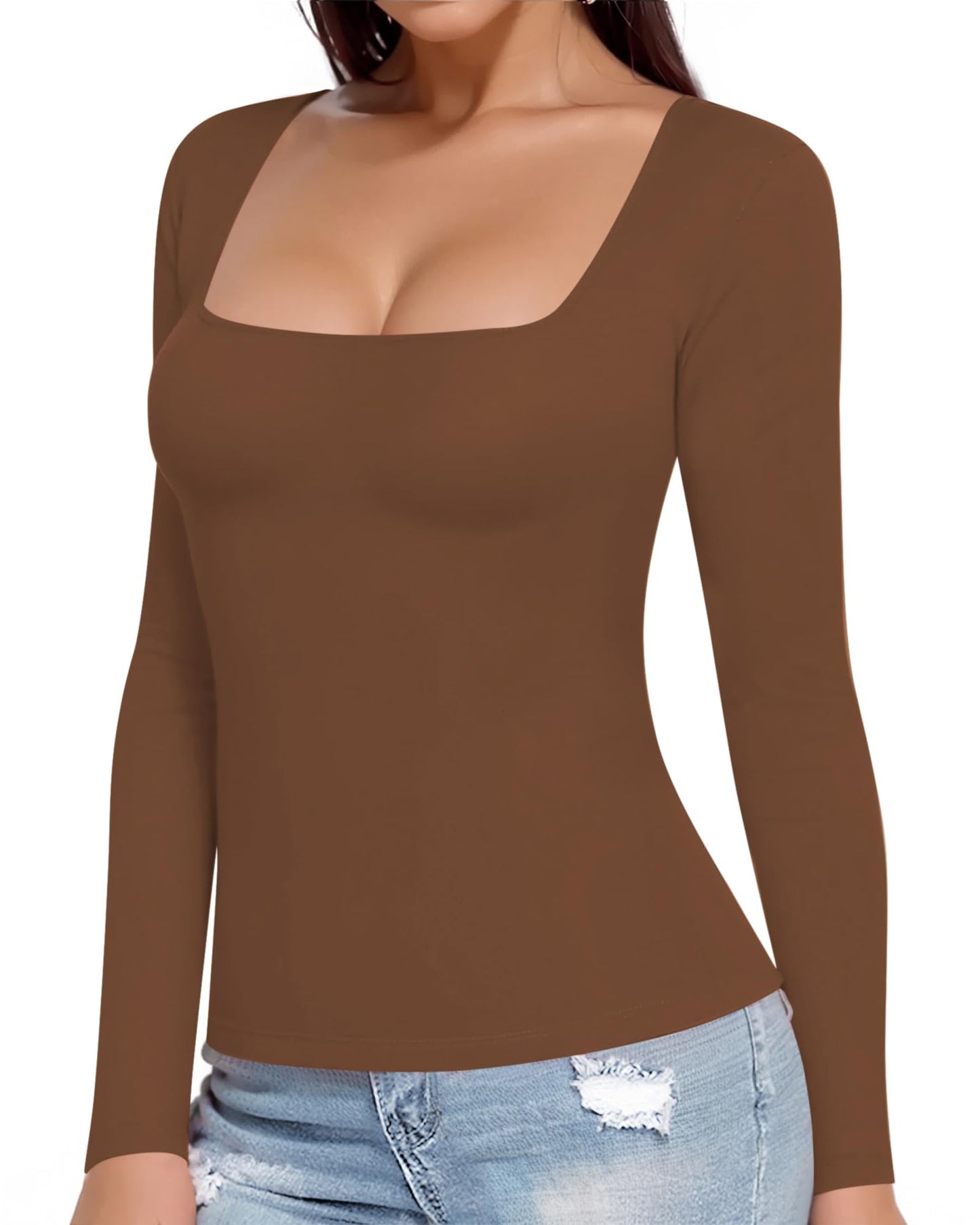 MANGOPOP Womens Square Neck T Shirts Long Sleeve Tops Fitted Tees