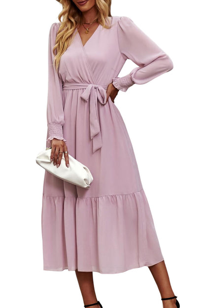 PRETTYGARDEN Women's Floral Print Boho Dress Long Sleeve Wrap V Neck Ruffle Belted A-Line Flowy Maxi Dresses