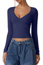 QINSEN Women's Long Sleeve V Neck T Shirts Double Lined Crop Top Seamed Cup Going Out Tops