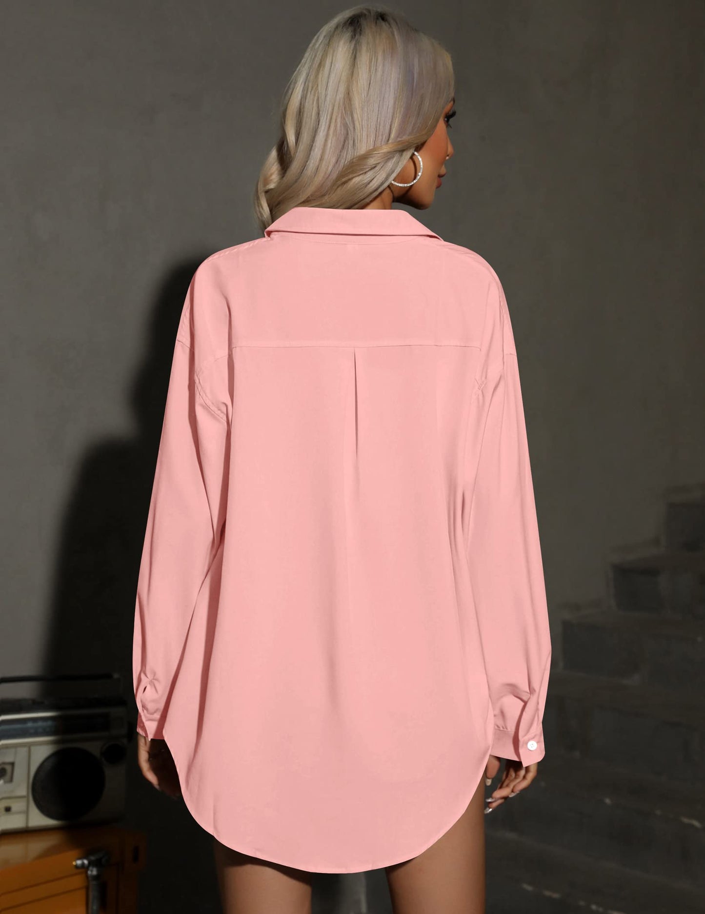 HOTOUCH Women Oversized Button Down Shirts Office Drop Shoulder Blouse Long Sleeve Boyfriend Dress Shirt with Pockets