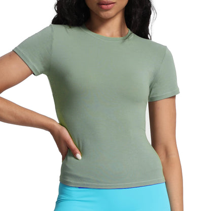 Aoxjox Women's Casual Basic Tee HIGH Elastic Cotton T-Shirt Short Sleeve Tops Everyday Crew Neck Slim Fit Basic Tee Y2k