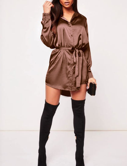 Zeagoo Women's Stain Long Sleeve Dress Button Down Shirts Tunic Dresses Casual V-Neck Mini Dress with Belt