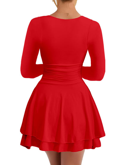 Kaximil Women's Square Neck Ruffle Hem Mini Dress Ruched Waist Long Sleeve Corset Short Party Dresses