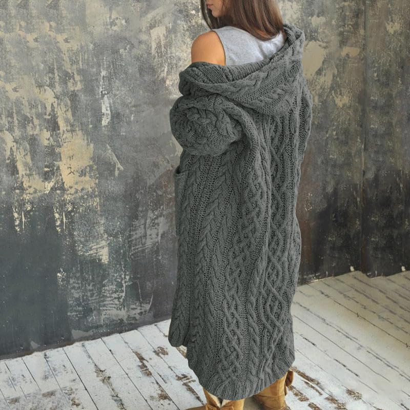 NIUBIA Womens Casual Long Sleeve Open Cardigan Warm Hooded Outwear Coat Cable Knit Long Cardigan Sweaters with Pockets