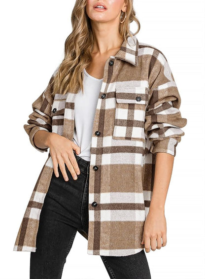 Beaully Women's Flannel Plaid Shacket Long Sleeve Button Down Shirts Jacket Coats with Side Pockets