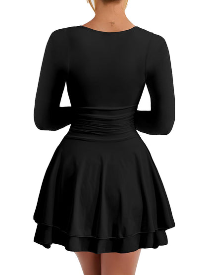 Kaximil Women's Square Neck Ruffle Hem Mini Dress Ruched Waist Long Sleeve Corset Short Party Dresses
