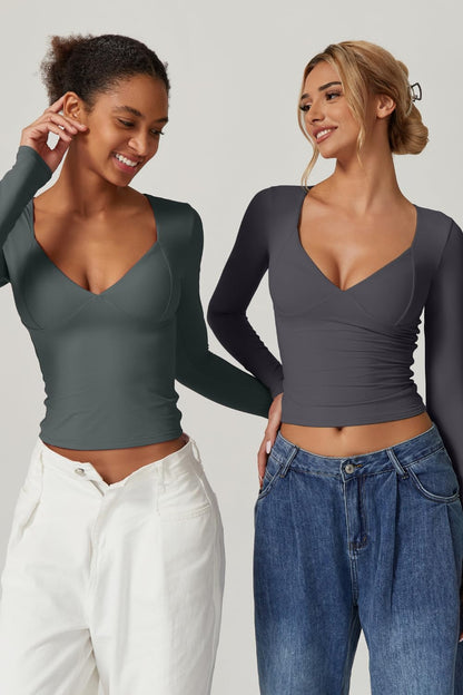 QINSEN Women's Long Sleeve V Neck T Shirts Double Lined Crop Top Seamed Cup Going Out Tops